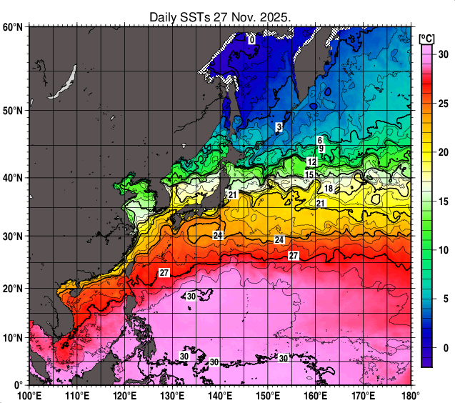 北西太平洋の海面水温分布図（11月27日）