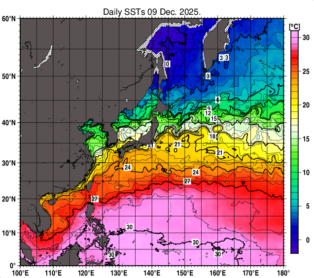 北西太平洋の海面水温分布図（12月9日）