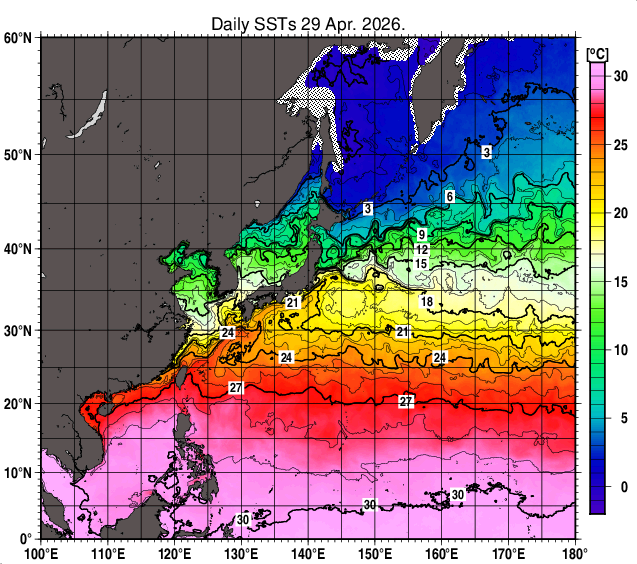 北西太平洋の海面水温分布図（4月29日）