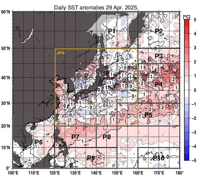 北西太平洋の海面水温平年差分布図（4月29日）