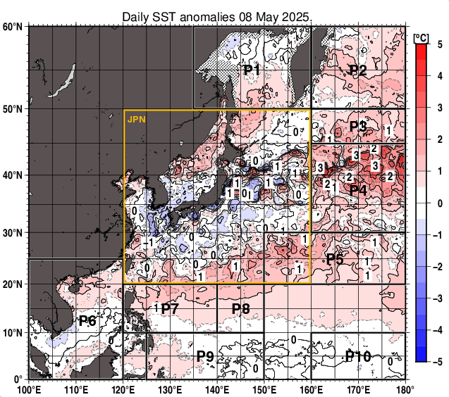 北西太平洋の海面水温平年差分布図（5月8日）
