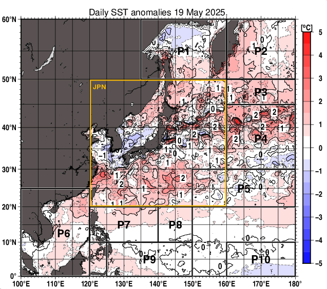 北西太平洋の海面水温平年差分布図（5月19日）