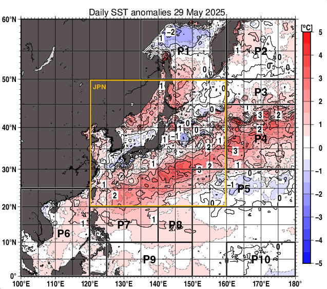 北西太平洋の海面水温平年差分布図（5月29日）