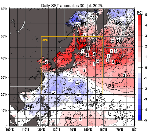 北西太平洋の海面水温平年差分布図（7月30日）