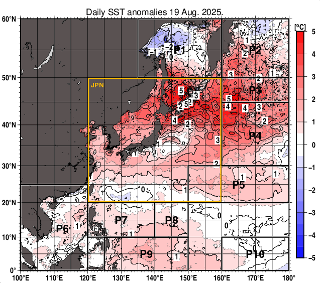 北西太平洋の海面水温平年差分布図（8月19日）
