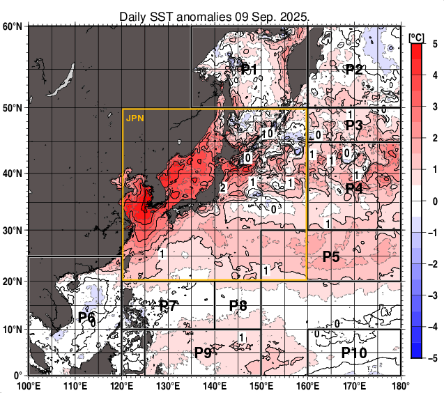 北西太平洋の海面水温平年差分布図（9月9日）