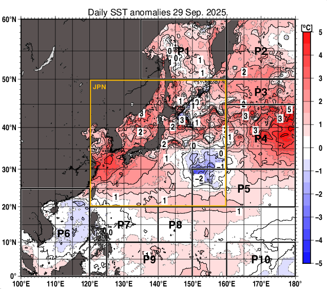 北西太平洋の海面水温平年差分布図（9月29日）