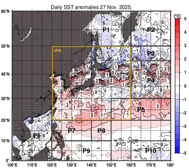 北西太平洋の海面水温平年差分布図（11月27日）