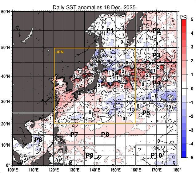 北西太平洋の海面水温平年差分布図（12月18日）