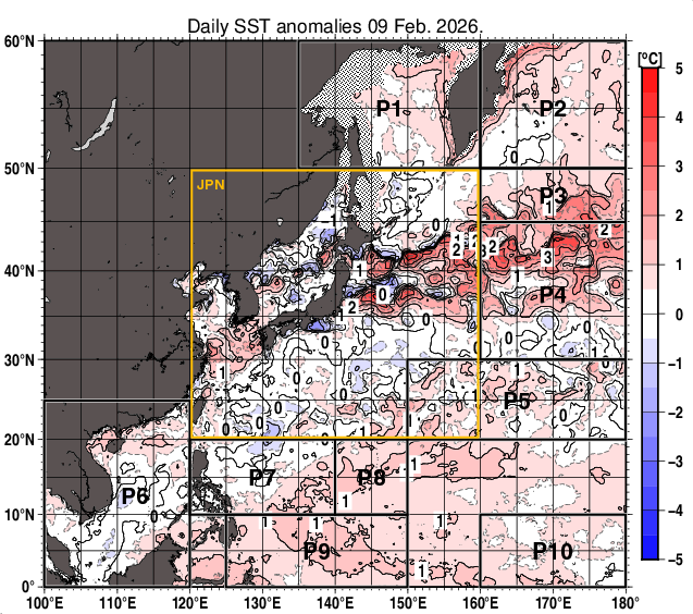 北西太平洋の海面水温平年差分布図（2月9日）