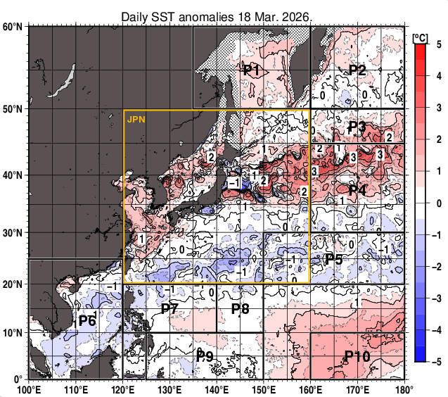 北西太平洋の海面水温平年差分布図（3月18日）