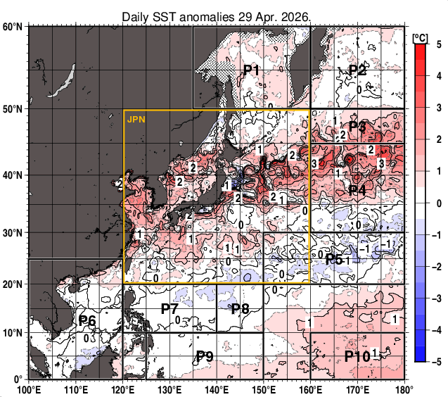 北西太平洋の海面水温平年差分布図（4月29日）