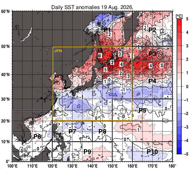北西太平洋の海面水温平年差分布図（8月19日）
