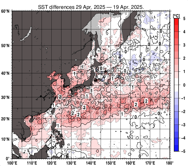 北西太平洋の10日間の海面水温変化量分布図（4月29日）