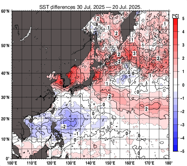 北西太平洋の10日間の海面水温変化量分布図（7月30日）