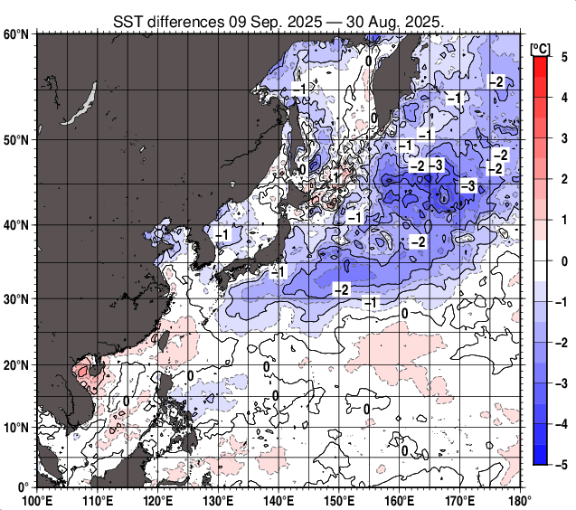北西太平洋の10日間の海面水温変化量分布図（9月9日）