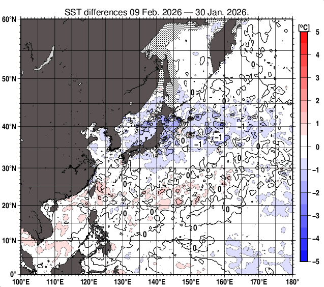 北西太平洋の10日間の海面水温変化量分布図（2月9日）