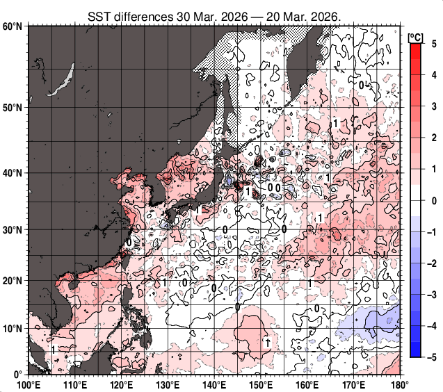 北西太平洋の10日間の海面水温変化量分布図（3月30日）