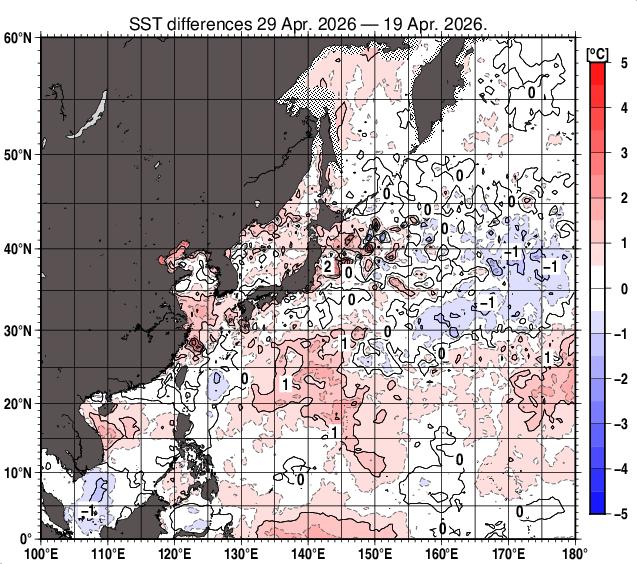 北西太平洋の10日間の海面水温変化量分布図（4月29日）