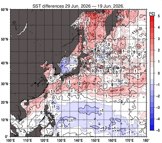 北西太平洋の10日間の海面水温変化量分布図（6月29日）