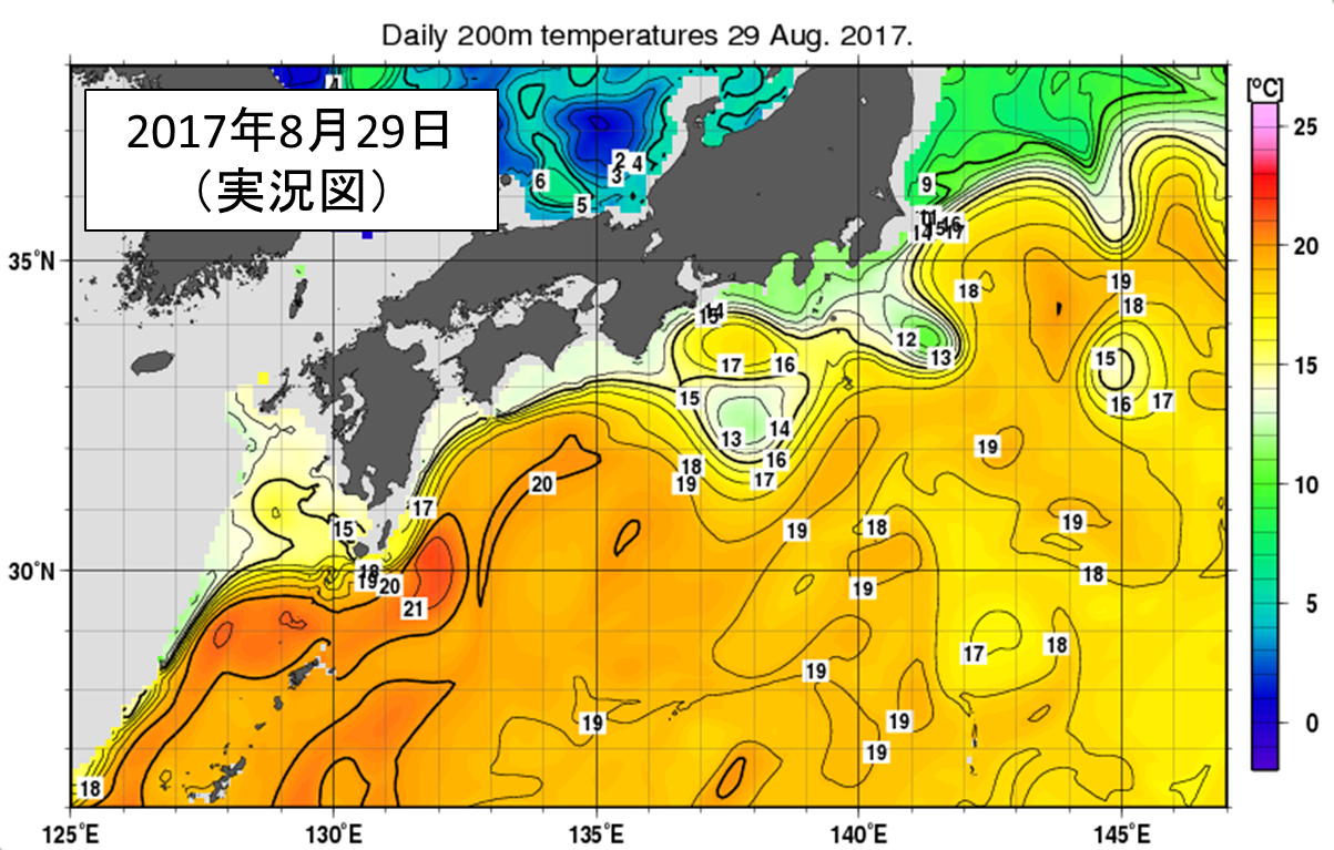 図3右上 2017年8月29日の深さ200mの海流実況図