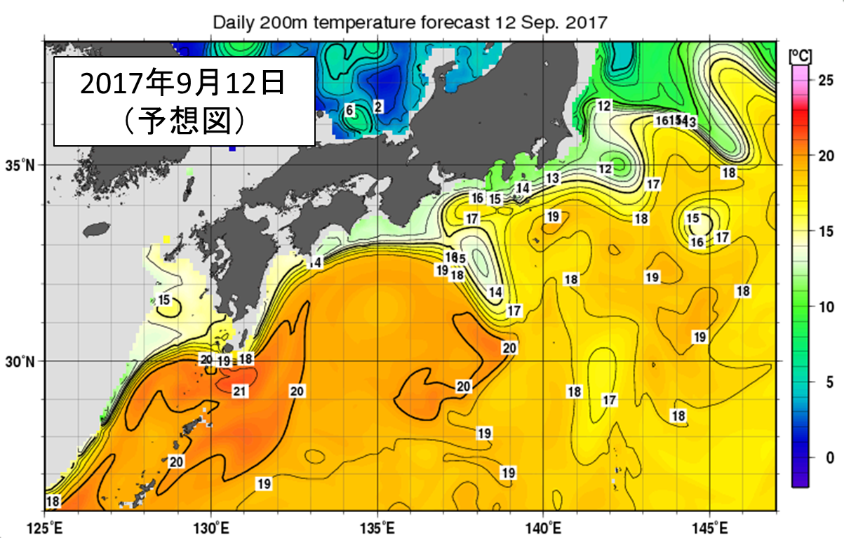 図3右中 2017年9月12日の深さ200mの海流予想図