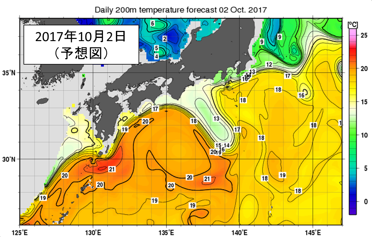 図3右下 2017年10月2日の深さ200mの水温予想図