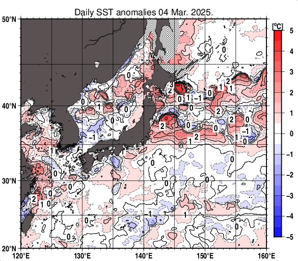 2025年3月4日の海面水温平年差図