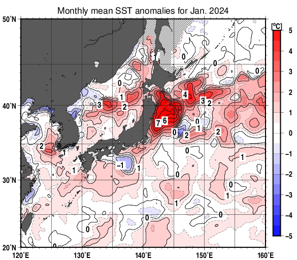 2024年1月の日本近海の海面水温平年差図