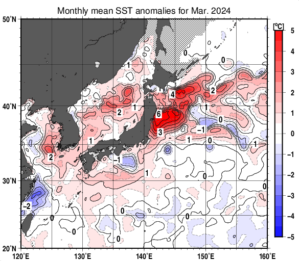 2024年3月の日本近海の海面水温平年差図