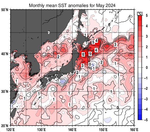 2024年5月の日本近海の海面水温平年差図