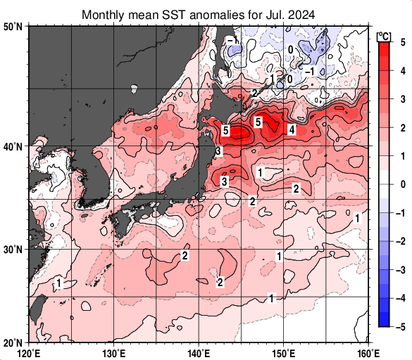 2024年7月の日本近海の海面水温平年差図