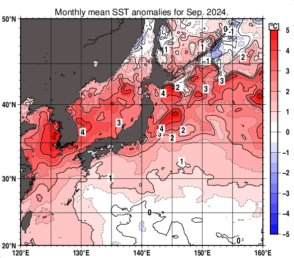 2024年9月の日本近海の海面水温平年差図