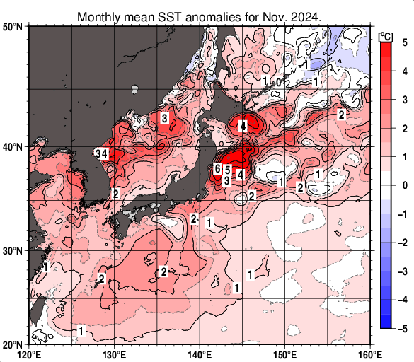 2024年11月の日本近海の海面水温平年差図