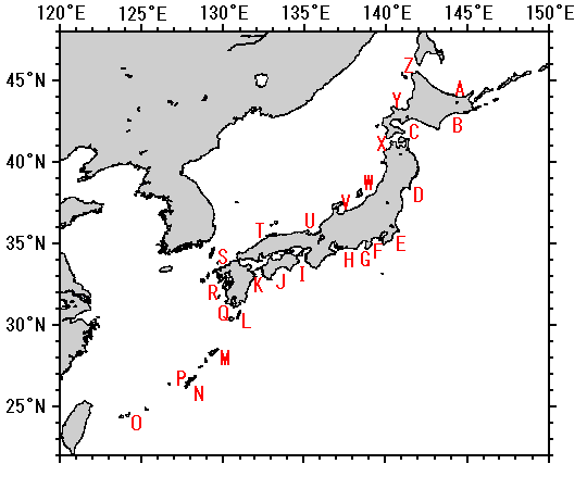 日本周辺海域に設定した沿岸代表点の位置図