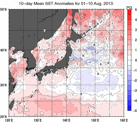 8月上旬の海面水温平年差