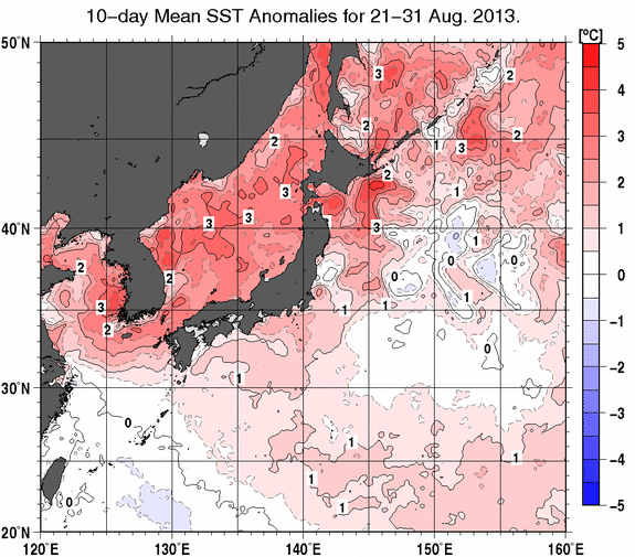 8月下旬の海面水温平年差