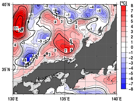 8月中旬の深さ100mの水温平年差