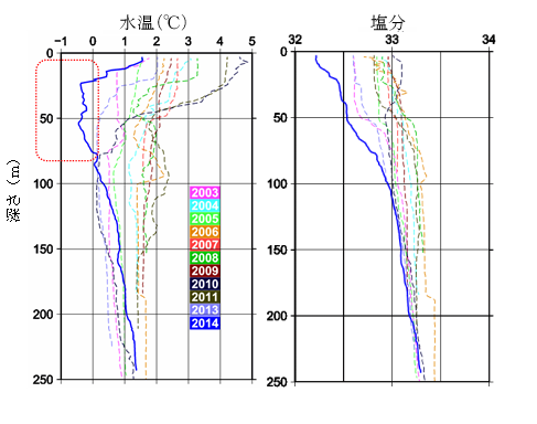観測点Bにおける5月の深さ方向の水温と塩分