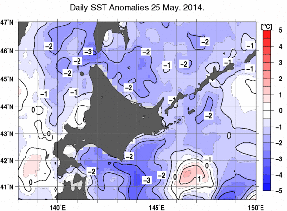 海面水温平年差分布図（2014年5月25日）