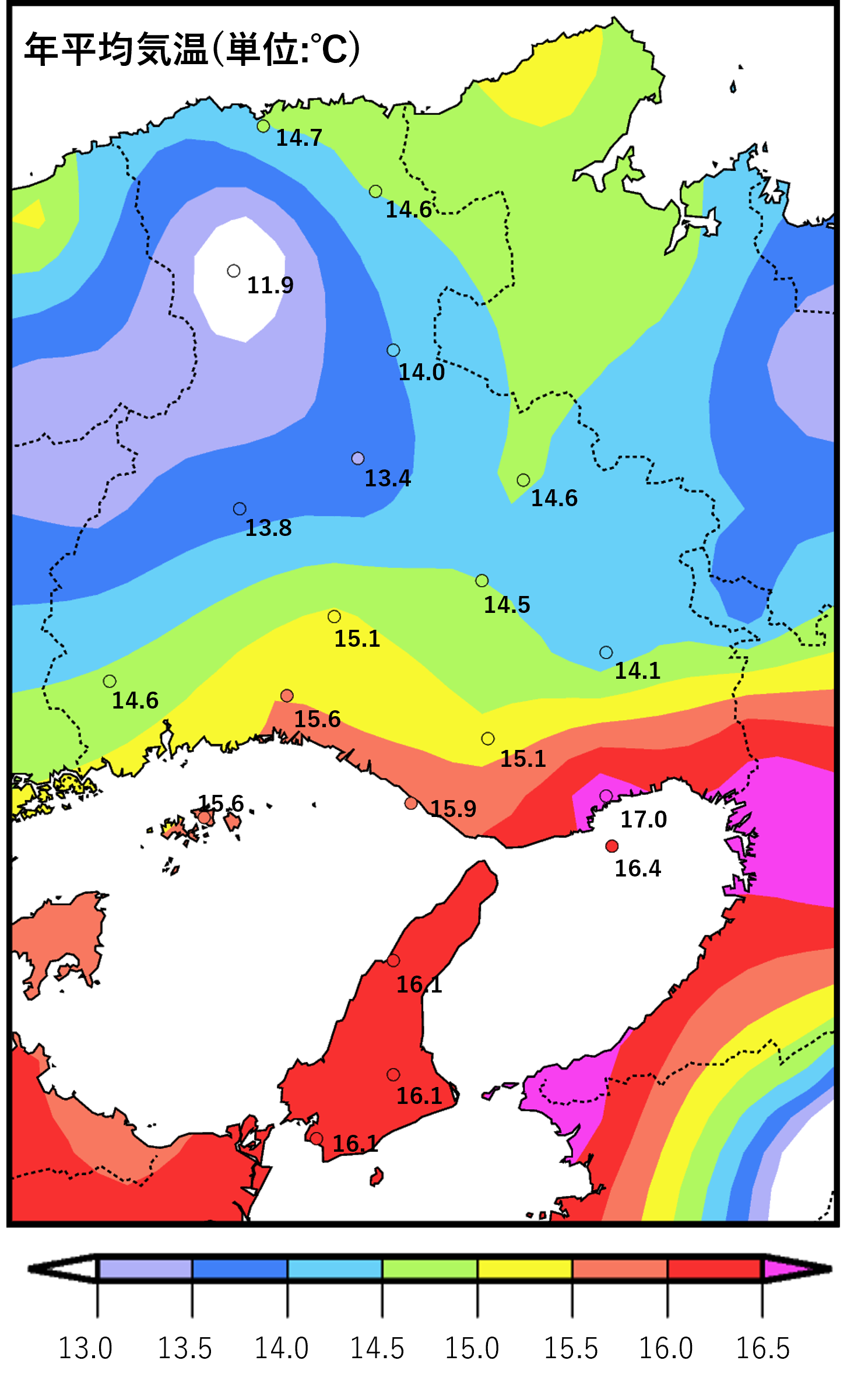 兵庫県の年平均気温分布図