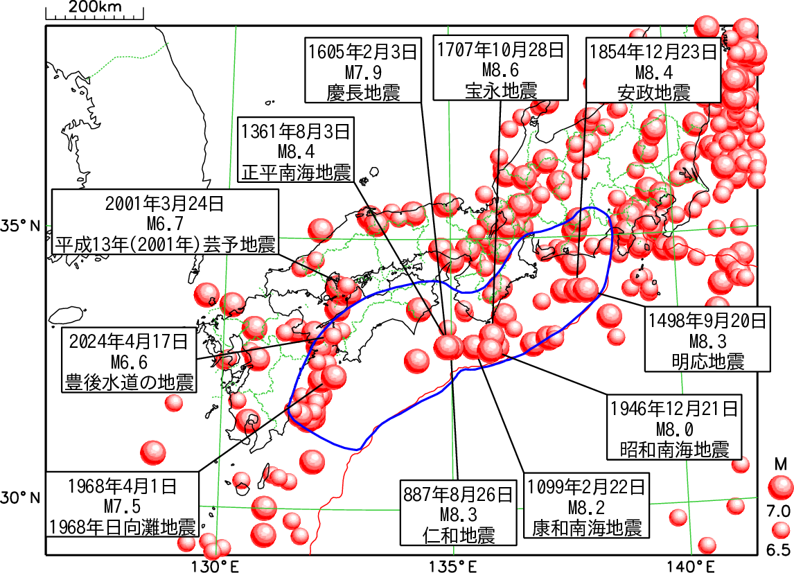 高知県に被害を及ぼした地震（震央分布図）