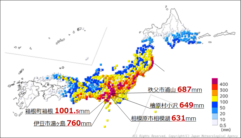 図3 期間降水量分布図(2019年10月10日0時~10月13日24時) 図3