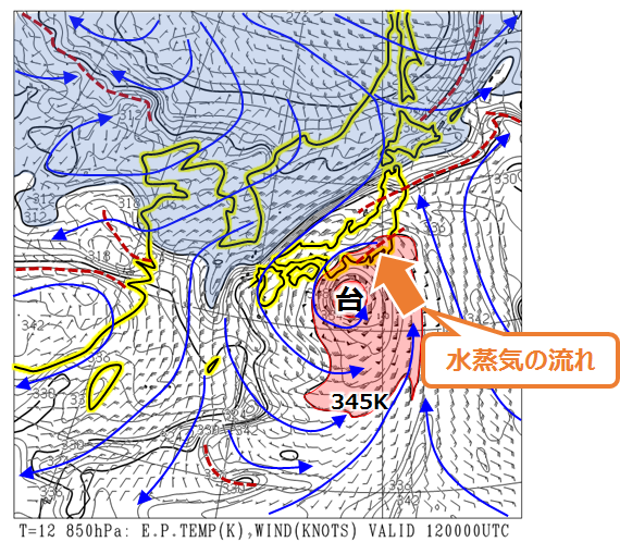 図3 上空約1.5kmの風・相当温位の12時間予想図(10月11日21時時点) 図3