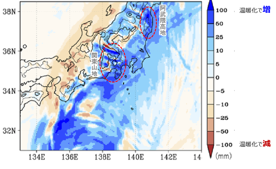 図2 期間積算降水量の気温上昇(1980年以降)に伴う変化 図2