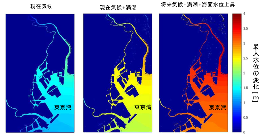 図6 東京湾周辺における最大水位の変化(満潮時+海面水位上昇を考慮、SuWAT) 図6