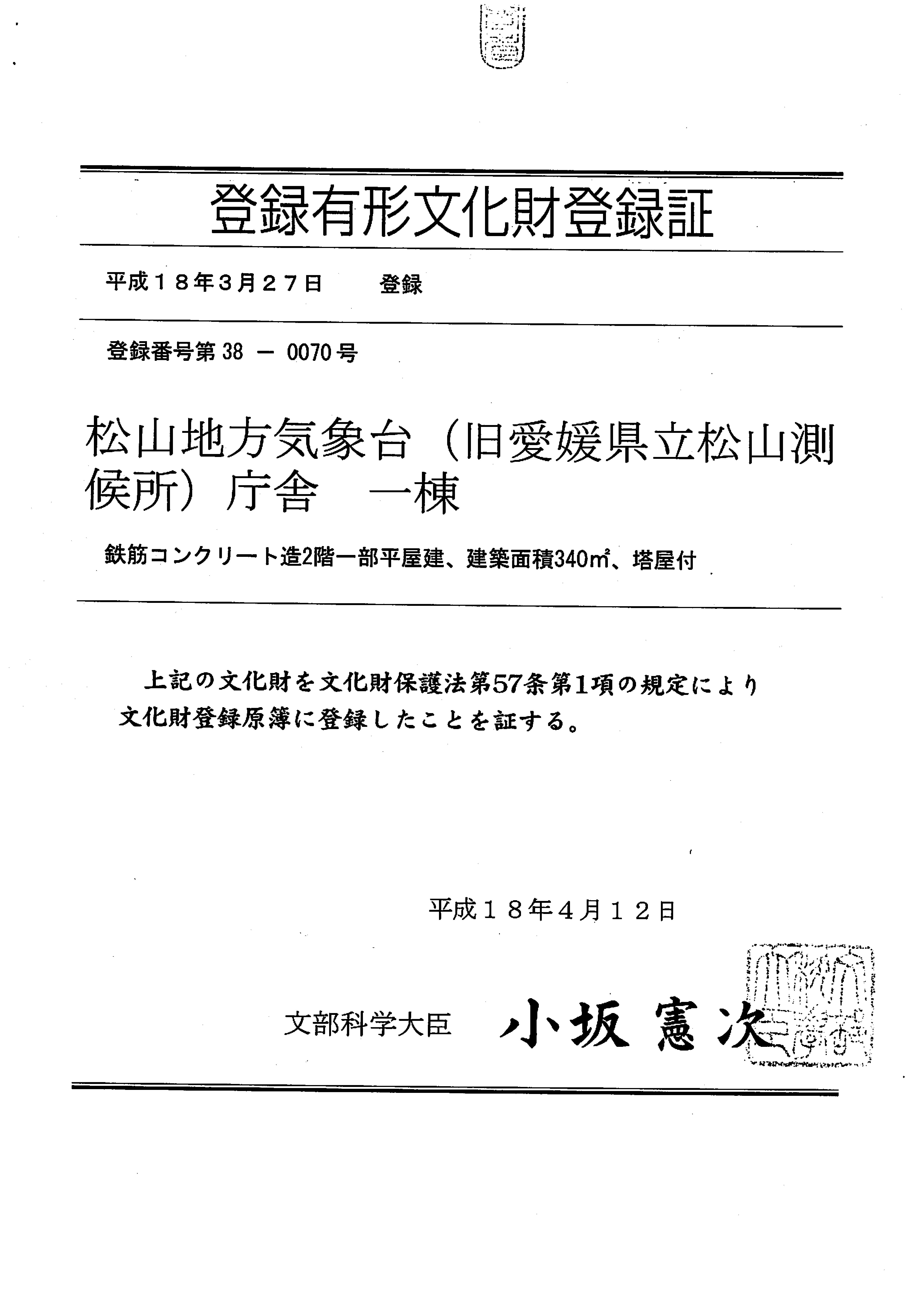 「登録有形文化財」登録証(証書) 