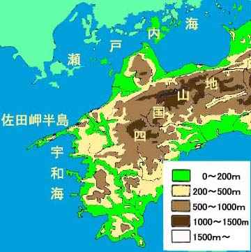愛媛県周辺の標高図 標高図