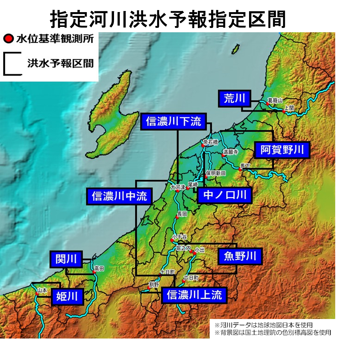 国土交通省または新潟県と新潟地方気象台が共同して洪水予報を行う河川