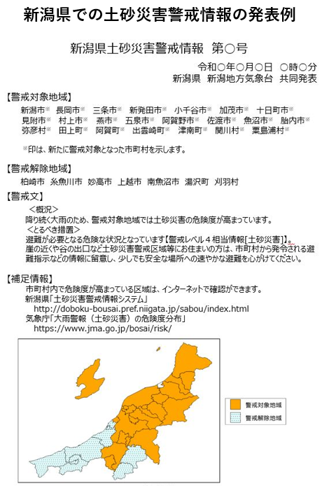 新潟県での土砂災害警戒情報の発表例